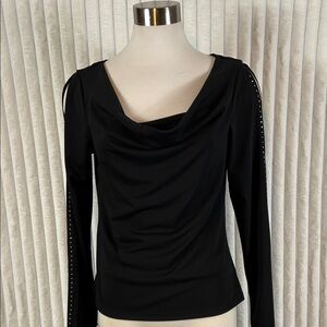 Vintage 90s Y2K ENT black Drape Cowlneck peekaboo shoulder Blouse Top L
